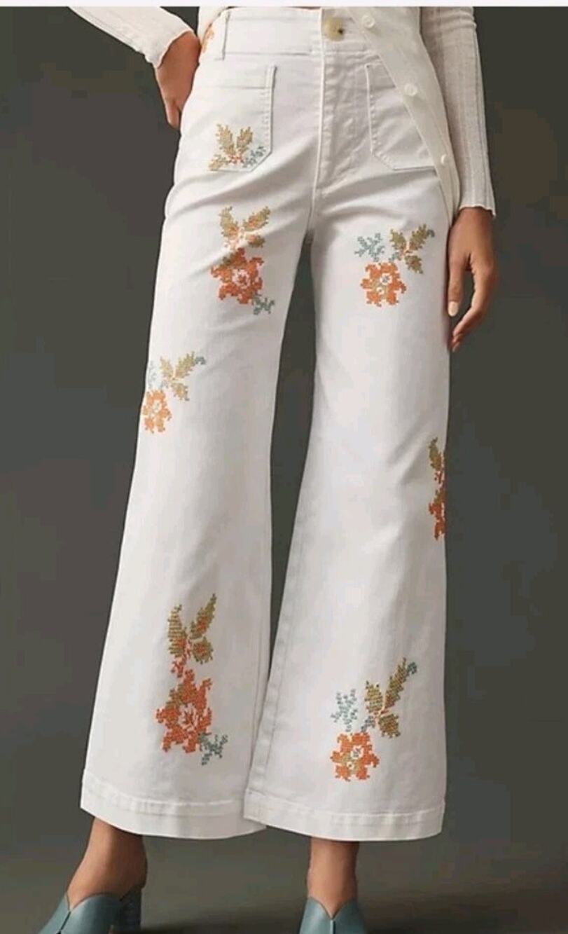 Anthropologie Maeve Colette White Wide-Leg Jeans Floral Embroidery 25 - Picture 1 of 14